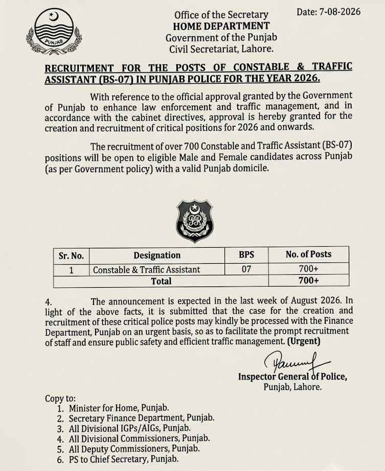Constable & Traffic Assistant Jobs 2026 Punjab Police Advertisement