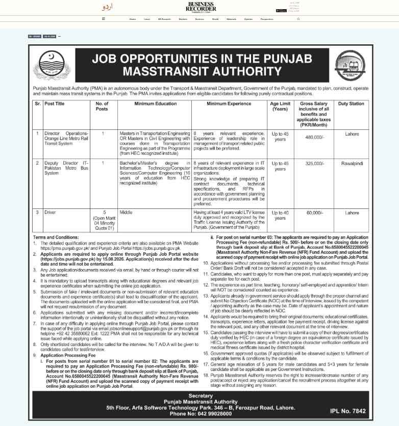 Punjab Masstransit Authority Jobs Advertisement 2026