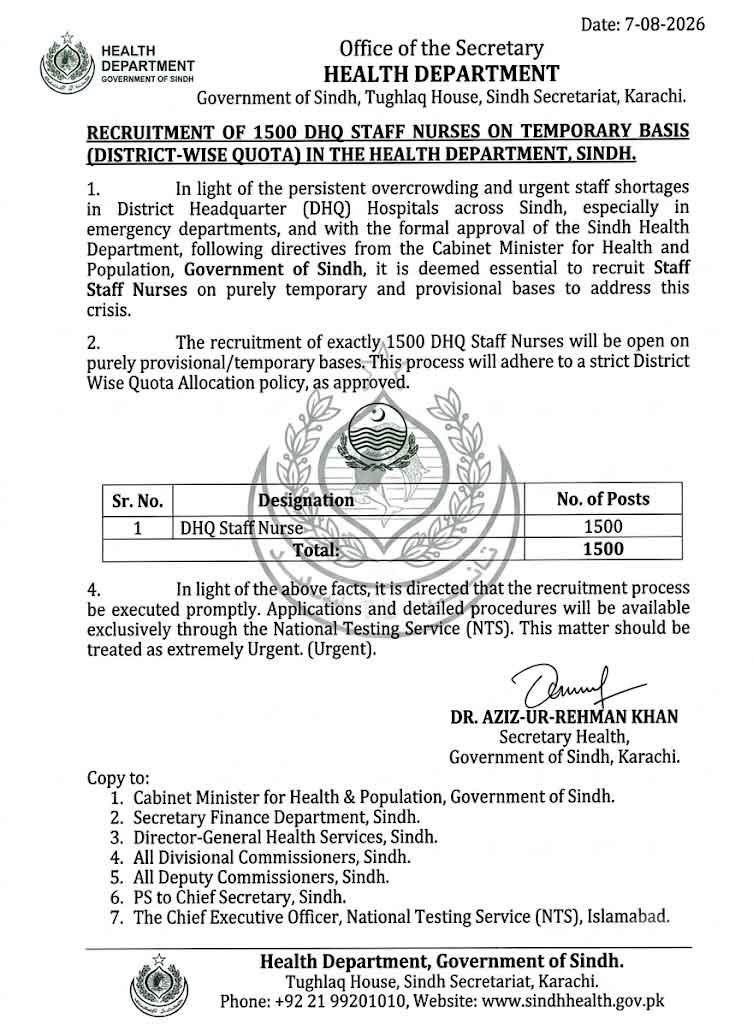 Sindh DHQ Staff Nurse Jobs 2026 Advertisement